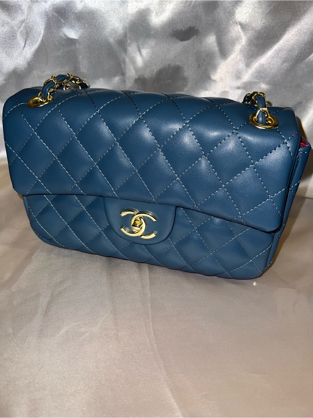 Blue Quilted Lambskin Shoulder Bag with Gold Hardware